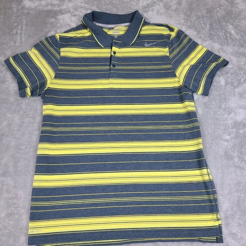 Nike Dri-Fit Tennis Polo Shirt Mens Size X-Large Yellow Grey Striped Pullover - Picture 1 of 10